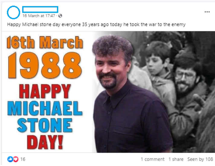 Image 1: Facebook post celebrating Michael Stone, ex-member of the UDA.