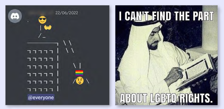 Figure 3: Anti-LGBTQ+ comments and memes celebrating the death penalty for homosexuals by throwing them off a roof and mocking the idea that Islamic scripture is compatible with LGBTQ rights.  