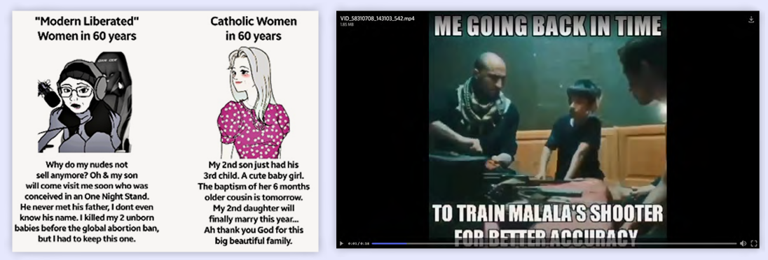 Figure 5: Meme mocking women for not conforming to traditionalist gender roles, and screenshot of a video fantasising about killing women’s rights advocate Malala Yousafzai.  