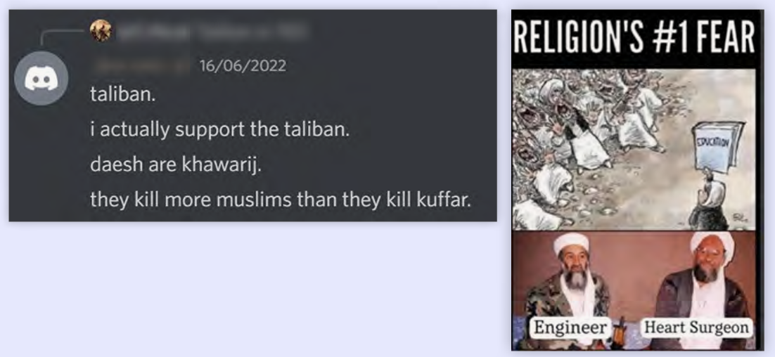 Figure 7: Posts expressing support for the Taliban and ridiculing the idea that religion could be undermined by education by pointing out that the late al-Qaeda leaders Osama bin Laden and Ayman al-Zawahiri were trained as engineers and heart surgeons respectively.