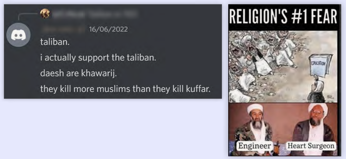 Figure 7: Posts expressing support for the Taliban and ridiculing the idea that religion could be undermined by education by pointing out that the late al-Qaeda leaders Osama bin Laden and Ayman al-Zawahiri were trained as engineers and heart surgeons respectively.  