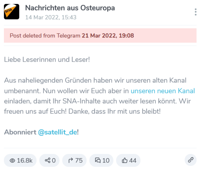 Figure 1: Screenshot of archived post in the former SNA Telegram channel, pointing followers to @satellit_de. Source