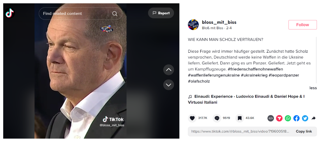 Figure 3: TikTok posted by BmB, positing the question “How can you trust Scholz?”