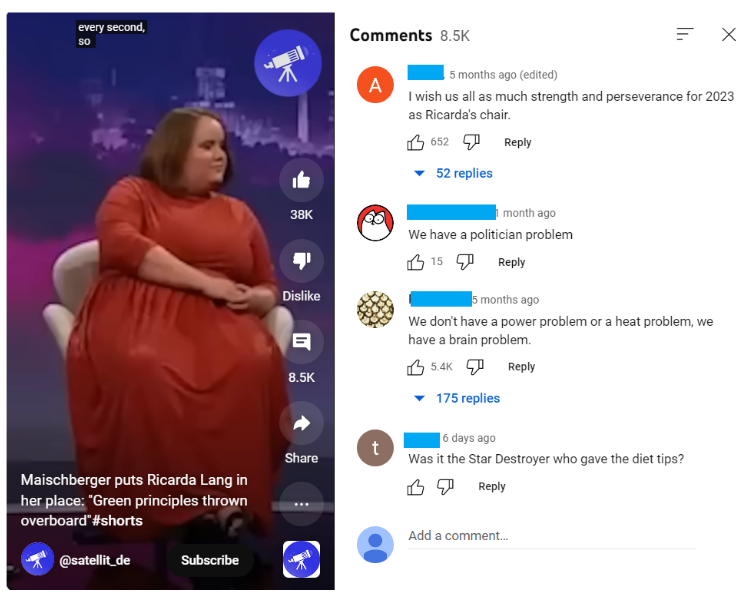 Figure 4: YouTube Shorts clip featuring Ricarda Lang, with comments (auto-translated from German into English).
