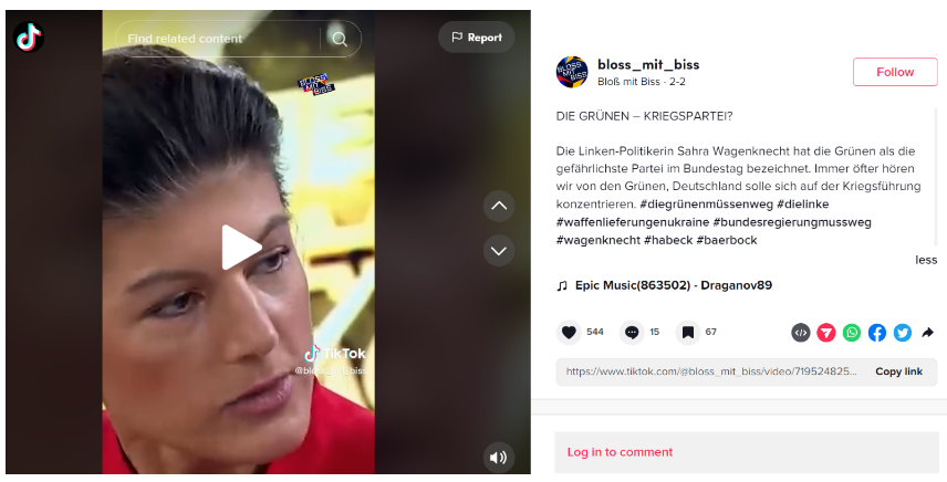 Figure 6: TikTok featuring Wagenknecht describing the Greens as ‘the most dangerous party in German politics’ over their support for Ukraine. The description includes the hashtag #diegrünenmüssenweg (#thegreensmustgo), a hashtag commonly used by BmB accounts.