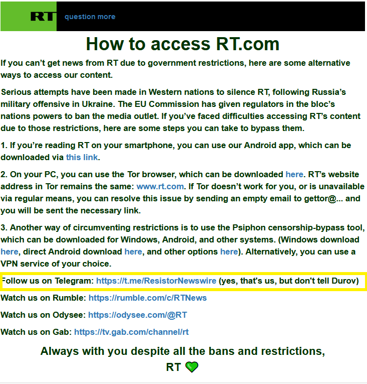 Figure 1: Screenshot of content from RT site, posted onto an online forum. Yellow box added by ISD to highlight the reference to Resistor Newswire.