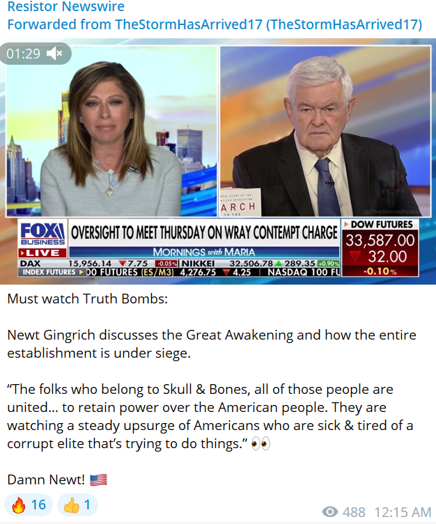 Figure 7: Post on June 7 from Resistor Newswire sharing a post from a QAnon channel featuring a Fox News clip