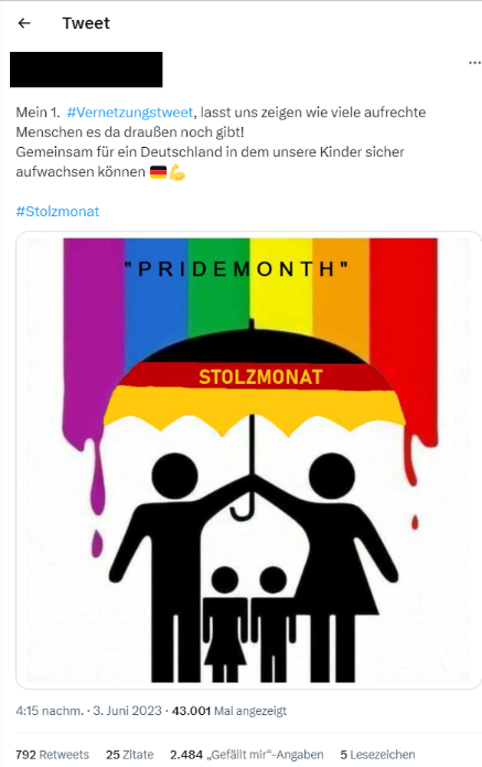 Figure 12: Tweet displaying a meme in which two parents protect their children from the rain in the form of rainbow colours labelled with the word ‘pride month’ by an umbrella in the colours of the German flag labelled with the word ‘Stolzmonat’. The text reads: “My 1. #Networking-tweet, let us show how many people are out there. Together for a Germany in which our children can grow up safely”