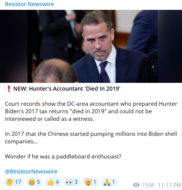 Figure 8: Post on July 28, 2023, by Resistor Newswire insinuating that the death of Hunter Biden’s accountant is suspicious