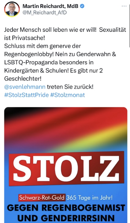 Figure 13: Tweet by AfD politician Martin Richardt: “Every person should live as he wants! Sexuality is a private matter! Stop the grating of the rainbow lobby! No to gender mania & LGBTQ propaganda especially in kindergartens & schools! There are only 2 genders! @svenlehmann [Federal Government's Commissioner for the Acceptance of Sexual and Gender Diversity] step down! #PrideStattPride #PrideMonth”