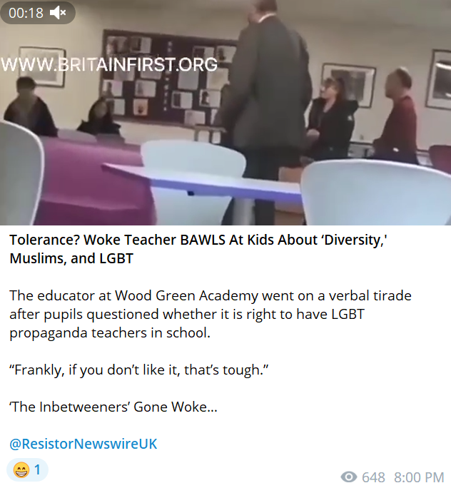 Figure 9: Resistor Newswire UK Telegram post using a clip sourced from far-right organization Britain First.