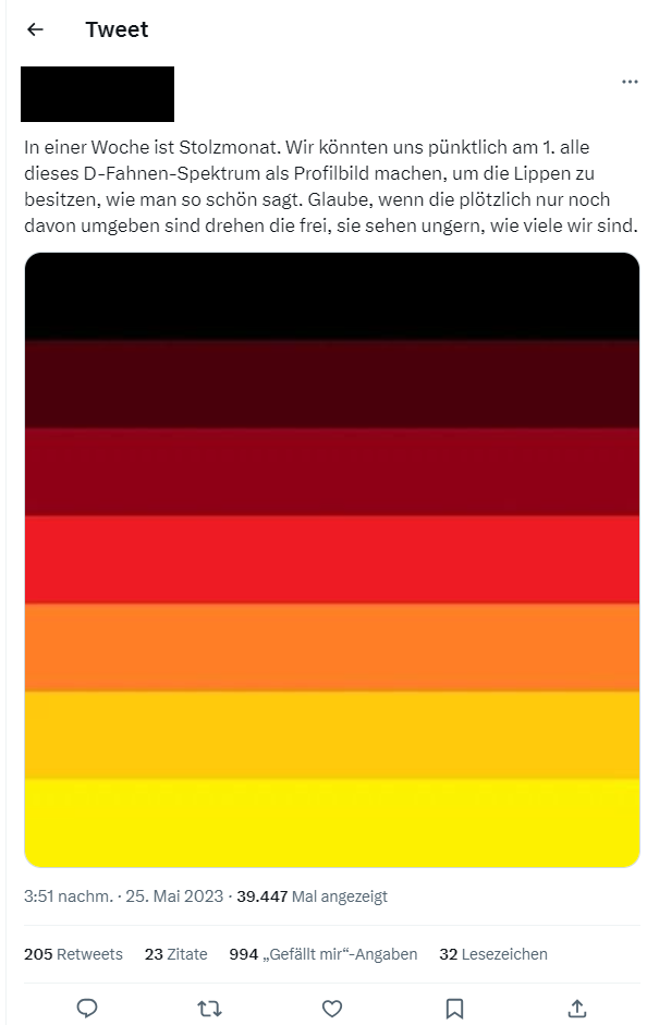 Figure 2: First tweet coining the term “Stolzmonat” by the campaign initiator and presenting the distinct profile picture of the campaign: “Pride month is a week away. Punctually on the 1st [of June], we could all use this D-flag spectrum as a profile picture to own the libs, as they say. [I] believe if they [are] suddenly surrounded only by it, they freak out, they do not like to see how many we are.”  