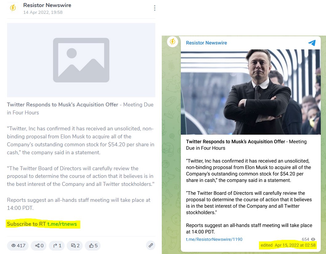 Figure 2: Archived Resistor Newswire post showing ‘Subscribe to RT t.me/rtnews’ tagline (right). Current version of the same post showing it was edited on April 15, 2022, to remove the reference to RT (left).