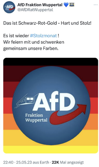 Figure 3: Post from the AfD fraction of the city Wuppertal in which they display that they have used the Stolzmonat profile picture frame as well as referencing the rap song “NDW 2005” which caused controversy around its release due to  its alleged nationalist message which : “This is black-red-gold - Hard and Proud! It's #Stolzmonat again! We join the celebration and wave our colours together[2].”