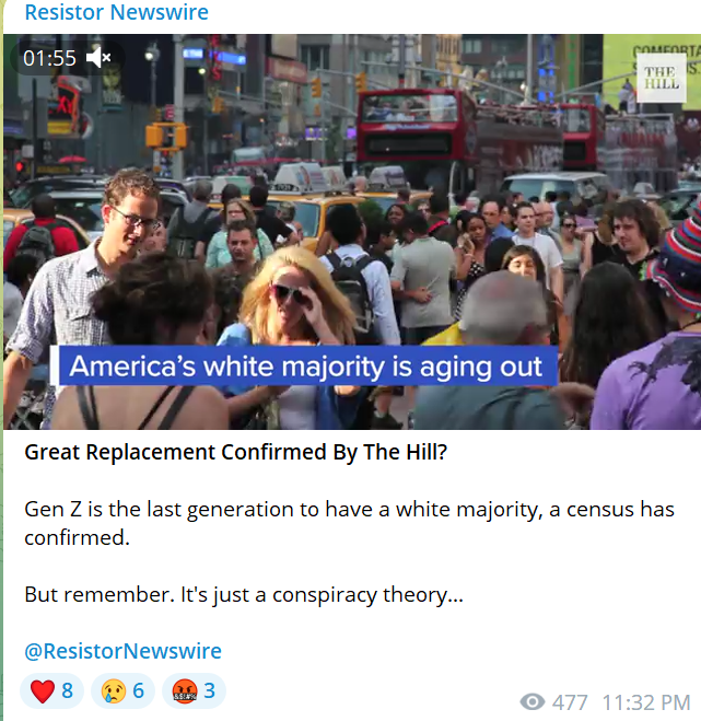 Figure 6: Post on August 8 from Resistor Newswire referencing the white nationalist ‘Great Replacement’ conspiracy theory in relation to demographic change