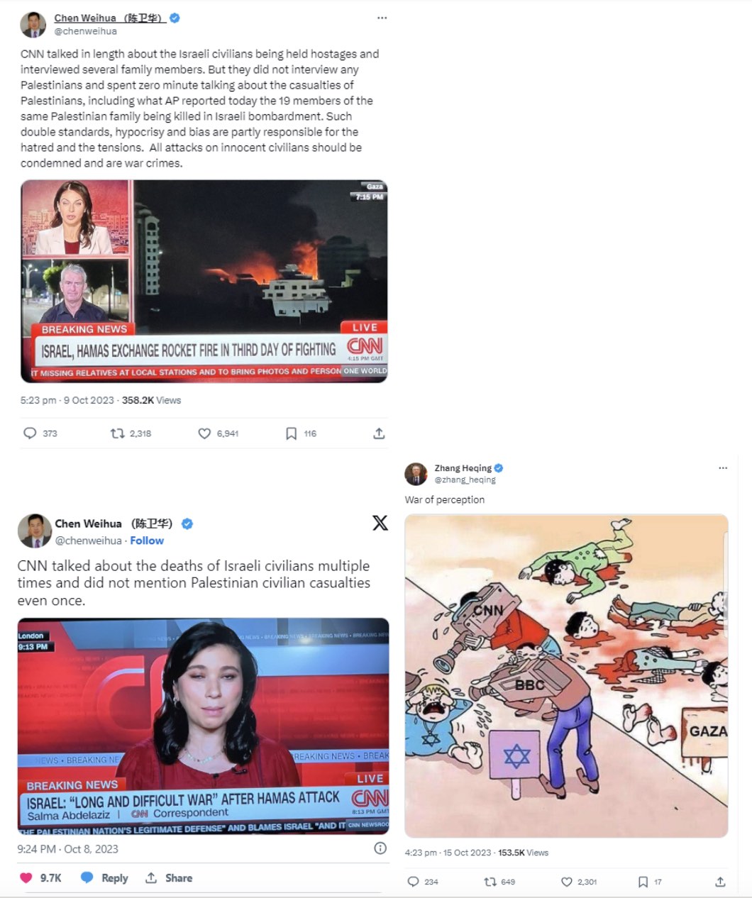 Images 27-29: X posts criticising Western media coverage of the conflict