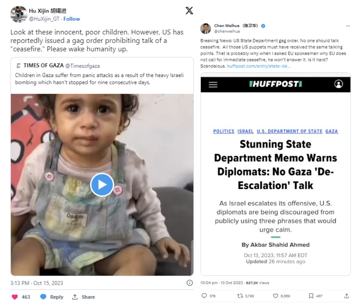 Image 30 & 31: Posts by accounts tied to Chinese state media journalists criticising the State Department’s memo urging diplomats to avoid talk of a ceasefire