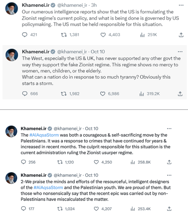 Image 5 & 6: Posts on X from an English-language account attributed to Ayatollah Khamenei with 1 million followers