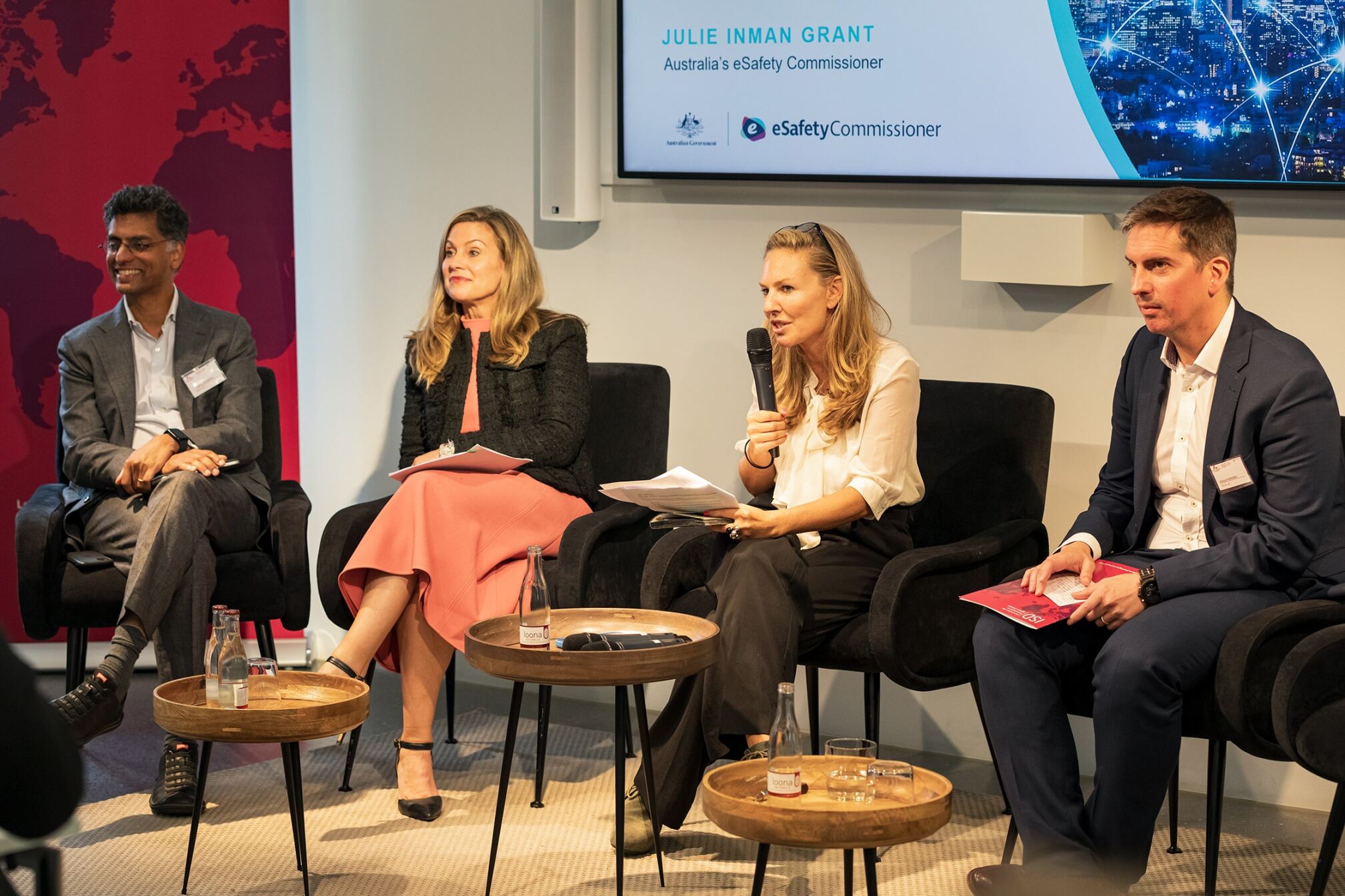 ISD CEO Sasha Havlicek moderates a panel at the 2023 DPL Summit with representatives from the European Commission, eSafety Australia and UK Ofcom.