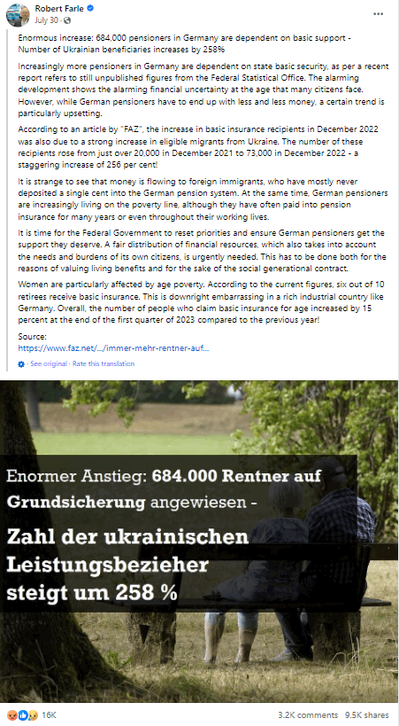 Image 2: A popular post by AfD politician Robert Farle compares the rising number of pensioners in Germany relying on social security with the increasing number of Ukrainians receiving benefits in Germany.
