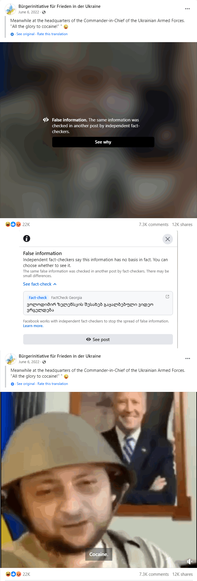 Image 4: An AI generated video of Zelensky snorting cocaine contains a fact-check in Georgian and was shared over 12K times becoming the fourth most shared post in June 2022 mentioning Ukraine.
