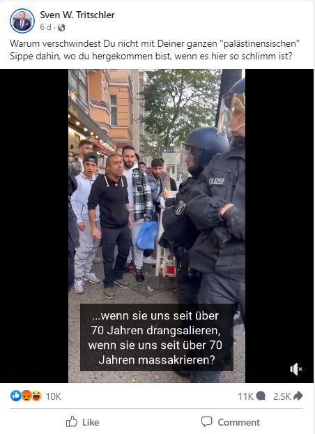 Bild 2: AfD-Politiker fragt rhetorisch, warum ein palästinensischer Demonstrant, der die Berliner Polizei anschreit, nicht "dorthin zurückgeht, wo er hergekommen ist".