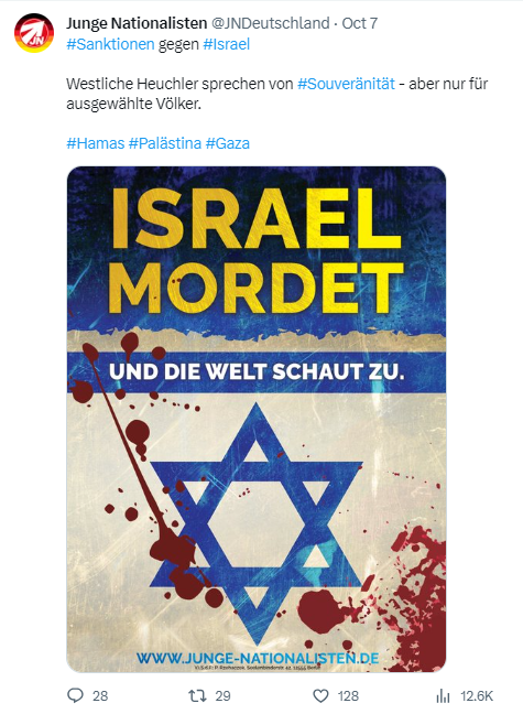 Bild 3: Ein Tweet der Jugendorganisation der rechtsextremen Partei "Die Heimat", in dem die Gruppe Israel des "Mordes" beschuldigt und Sanktionen fordert.