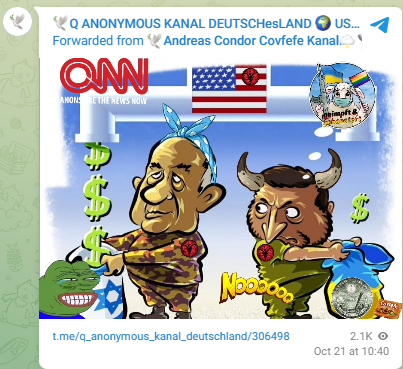 Bild 6: Eine auf Telegram geteilte Karikatur des israelischen Premierministers Netanjahu und des ukrainischen Präsidenten Zelenskyy zeigt, wie sie unterschiedliche Summen an Geldern aus den USA erhalten. Sie ist voll von gängigen verschwörungsideologischen und antisemitischen Symbolen.