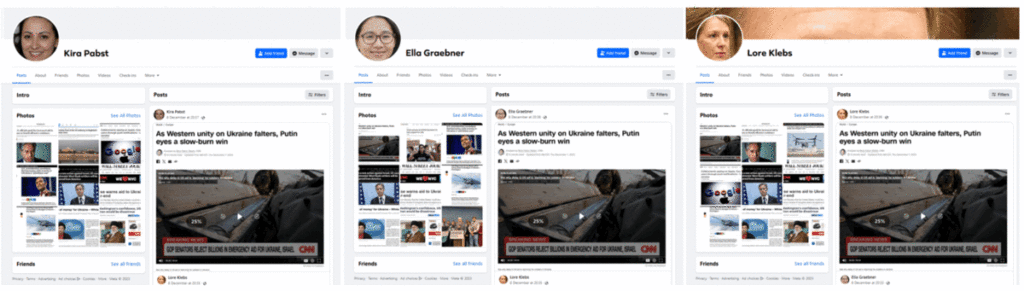 Fig 1: Three Facebook accounts using AI-generated profile images, cross-sharing screenshots of real articles sharing negative news about the US.