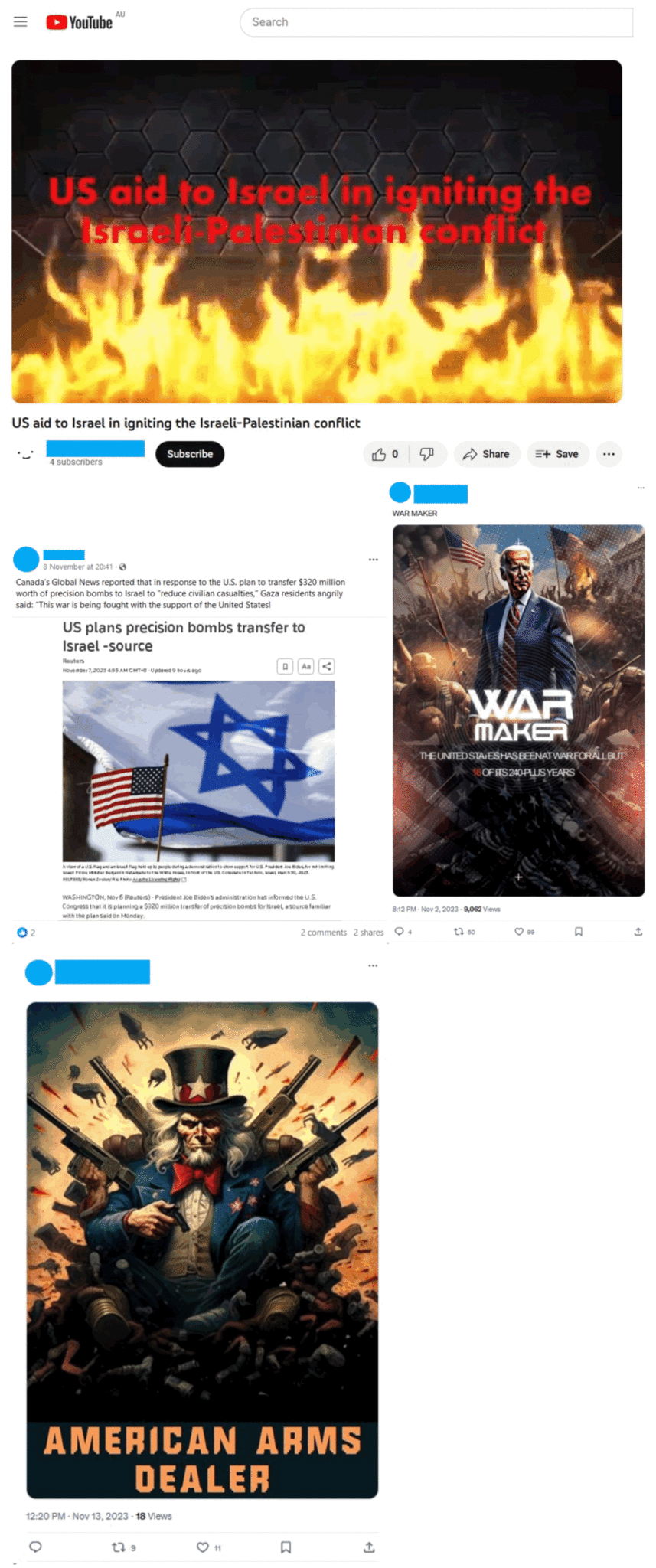 Fig 2: Examples of a YouTube video accusing the US of fuelling the conflict; a Facebook post sharing a screenshot of a real Reuters article about a plan to transfer precision bombs to Israel accompanied by text attributing the reporting to “Canada’s Global News” (notably, not Reuters); two AI-generated illustrations posted to X portraying the US as an “arms dealer” and “war maker.”