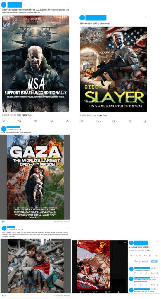 Fig 3: Two illustrations that appear to be AI-generated portraying the US as supporting Israel’s violence against Palestinian civilians; an image posted to Facebook portraying Gaza as an “open air prison”; a Facebook post sharing an image of children in Gaza and referring to Gaza as a “children’s cemetery”; an illustration posted to X referring to the humanitarian crisis in Gaza, including supportive comments from other Spamouflage accounts.