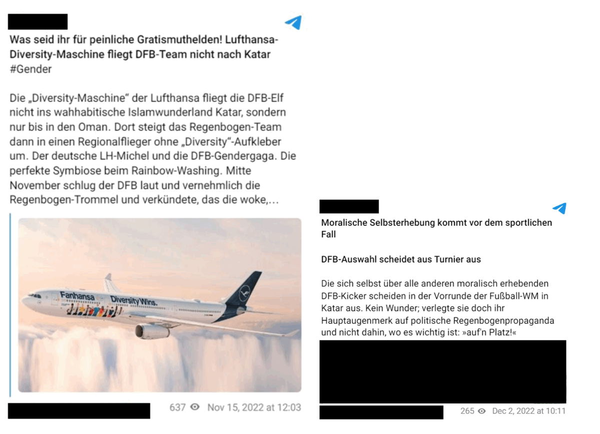 Figure 2: Examples of Telegram messages that use anti-woke rhetoric during the FIFA Men’s World Cup. The message on the left refers to Qatar as a “Wahhabi Islam wonderland” and the alleged hypocrisy of the national “rainbow-team” and “gender madness” in the context of showing symbolic support for diversity (taking a Lufthansa plane with the message “Diversity Wins”). The message on the right refers to “moral self-elevation” and “rainbow propaganda” of the national team.