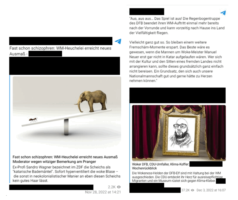 Figure 3: Examples of Telegram messages that use arguments of post-colonial criticism during the 2022 FIFA Men’s World Cup. The message on the left refers to “world cup hypocrisy” and the alleged “neocolonial manner” of the “woke-bubble”. The message on the right claims “woke-hero Manuel Neuer” should not travel to Qatar if he cannot come to terms with the “culture and customs of a foreign country”.