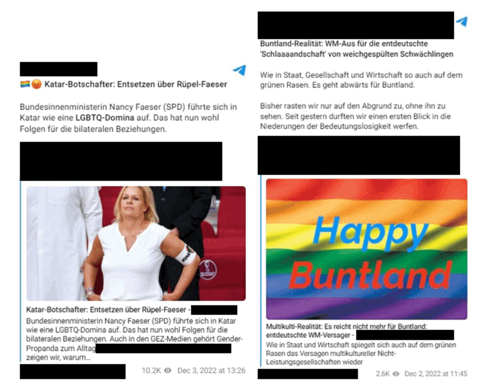 Figure 4: Examples of Telegram messages that promote “hegemonic masculinity” during the FIFA Men’s World Cup. The message on the left refers to Interior Minister Nancy Faeser as “Bully-Faeser” and “LGBTQ dominatrix”. The message on the right refers to the national team as “de-Germanised team of tepid little wimps” and Germany as “rainbow country” in a pejorative manner.