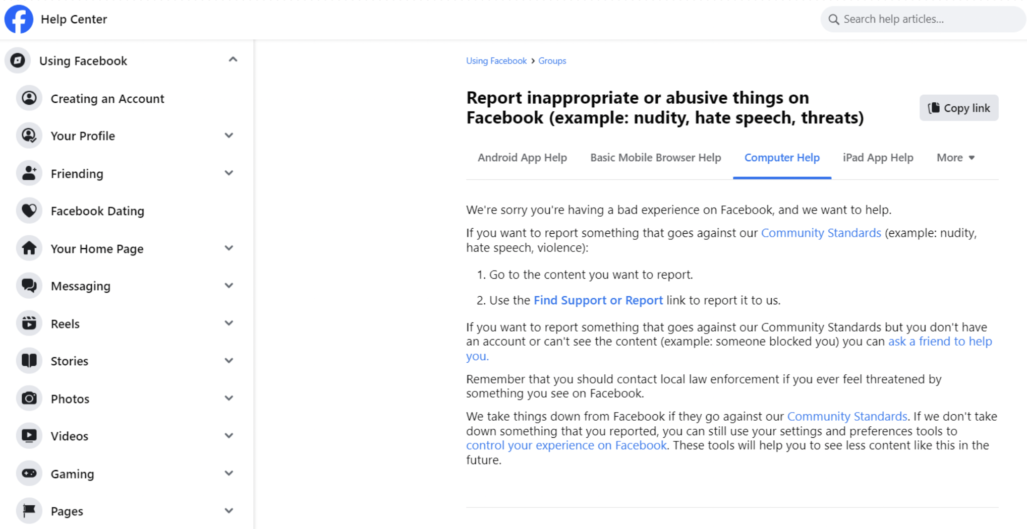 Image 1. Screenshot of Meta’s help article for users to report ‘inappropriate or abusive’ content.