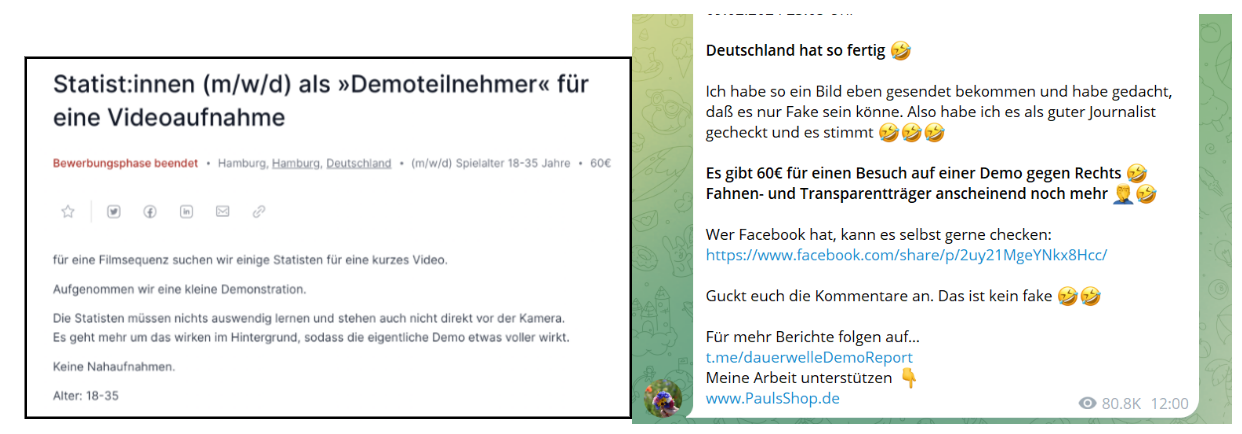 Image 2: Screenshot of a job ad posted on the portal JOBWRK that was shared by alternative news platforms and Telegram accounts in the context of the Demos gegen Rechts (left); screenshot of a Telegram post according to which protestors were paid for their attendance at the demonstrations (right) (accessed 16/02/2024).