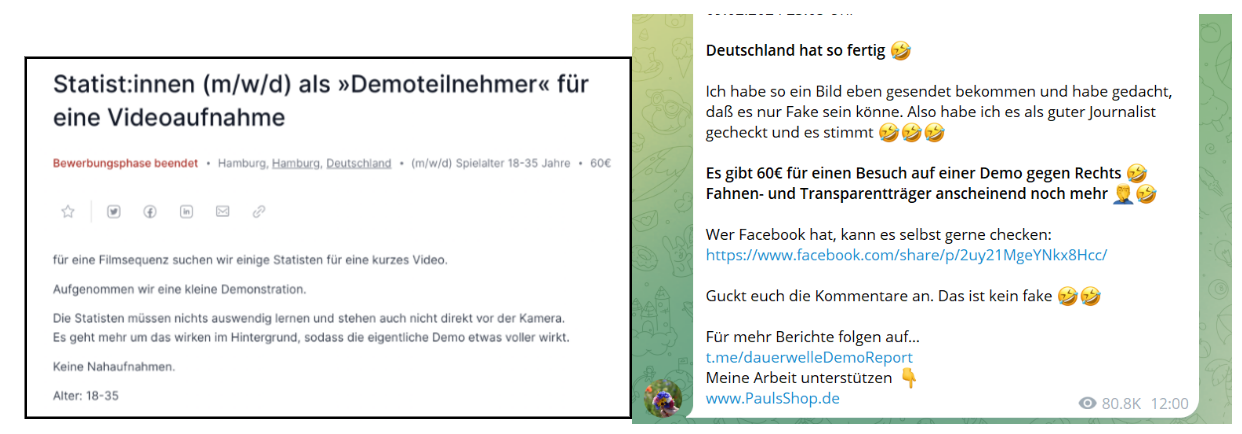 Image 2: Screenshot of a job ad posted on the portal JOBWRK that was shared by alternative news platforms and Telegram accounts in the context of the Demos gegen Rechts (left); screenshot of a Telegram post according to which protestors were paid for their attendance at the demonstrations (right) (accessed 16/02/2024). 