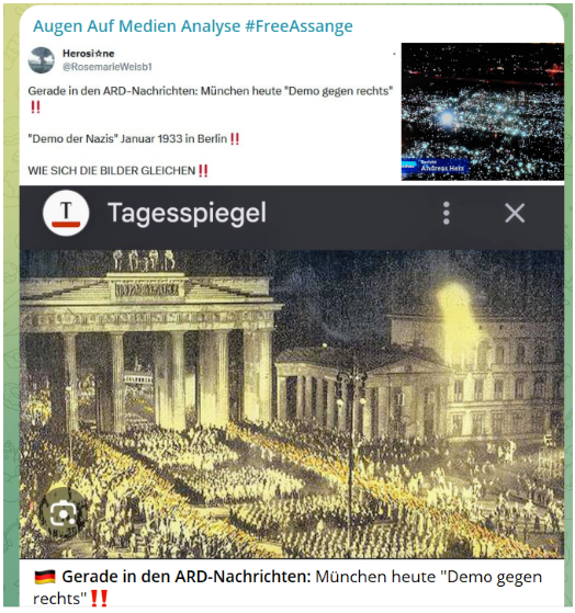 Image 4: Screenshot of a Telegram post contrasting a picture of Nazi marches in 1933 with the Demos gegen Rechts (accessed 16/02/2024). 