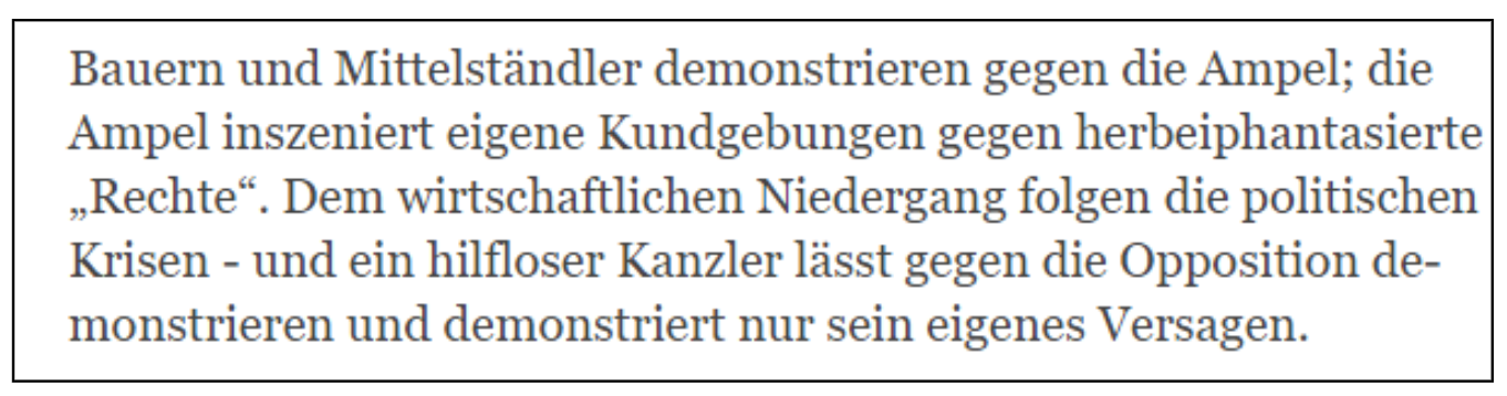 Image 6: Screenshot of an article by “Tichys Einblick” titled “Instead of changing policies, the traffic light coalition delivers marches against the middle-class protests” (accessed 16/02/2024).
