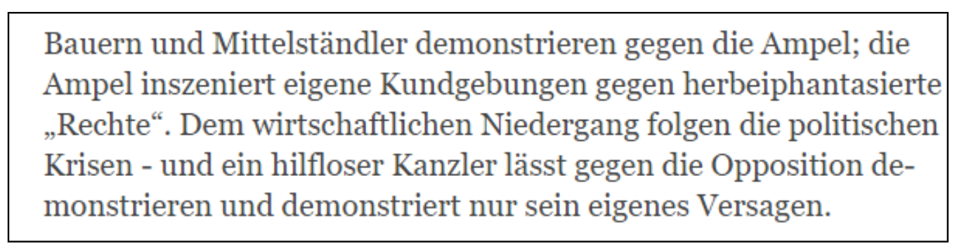 Image 6: Screenshot of an article by “Tichys Einblick” titled “Instead of changing policies, the traffic light coalition delivers marches against the middle-class protests” (accessed 16/02/2024). 