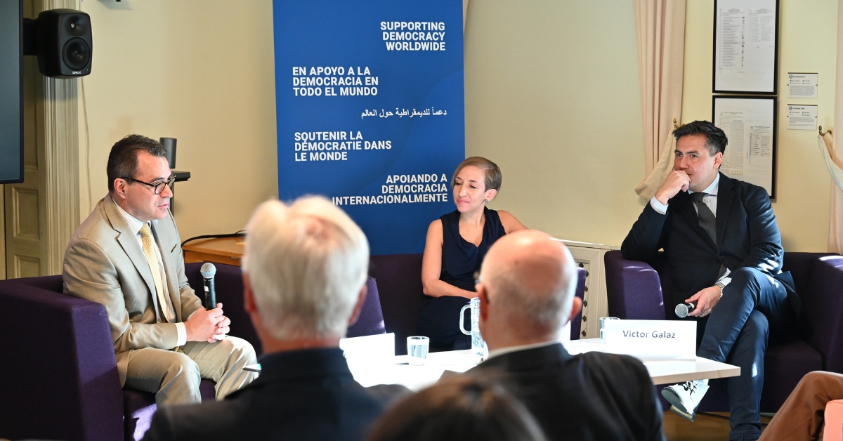 ISD's Jennie King in conversation with Dr Victor Galaz (right), Associate Professor, Stockholm Resilience Centre & Dr Kevin Casas-Zamora (left), Secretary-General, International IDEA in Strömsborg, Stockholm.