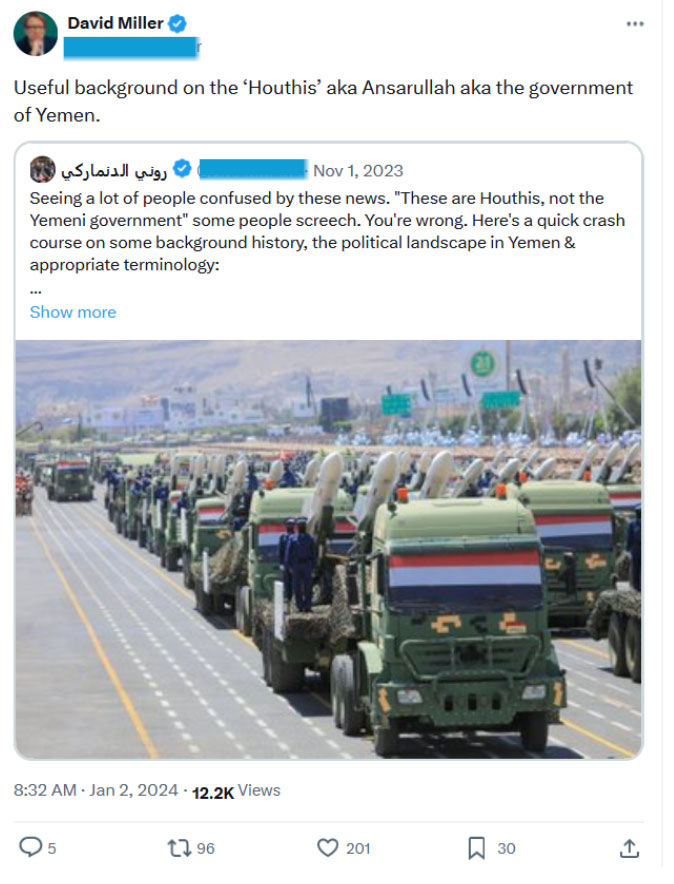Figure 11. David Miller, producer at Iranian-controlled media outlet PressTV’s Palestine Declassified, posts in support of the Houthis as “Yemen”.