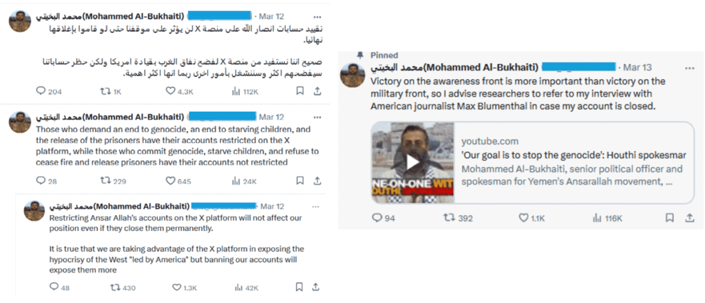 Figure 13. Houthi spokesperson al-Bukhaiti comments on X’s moderation challenges.