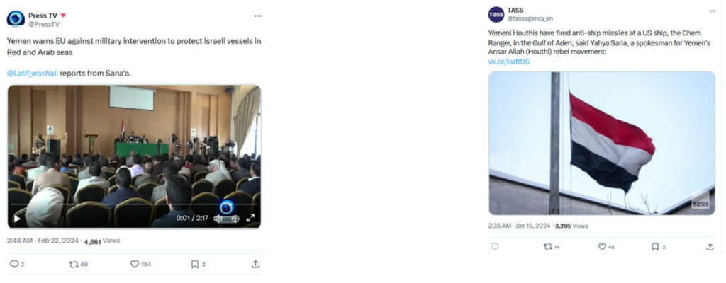 Figure 8. Iranian media (left) refers to the Houthis as “Yemen” while Russian media (right) uses “Houthis”.