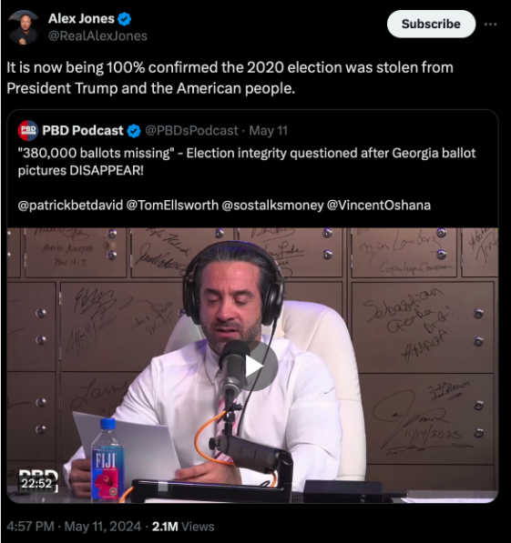Figure 2. X post shared by Alex Jones claiming the "2020 election was stolen."