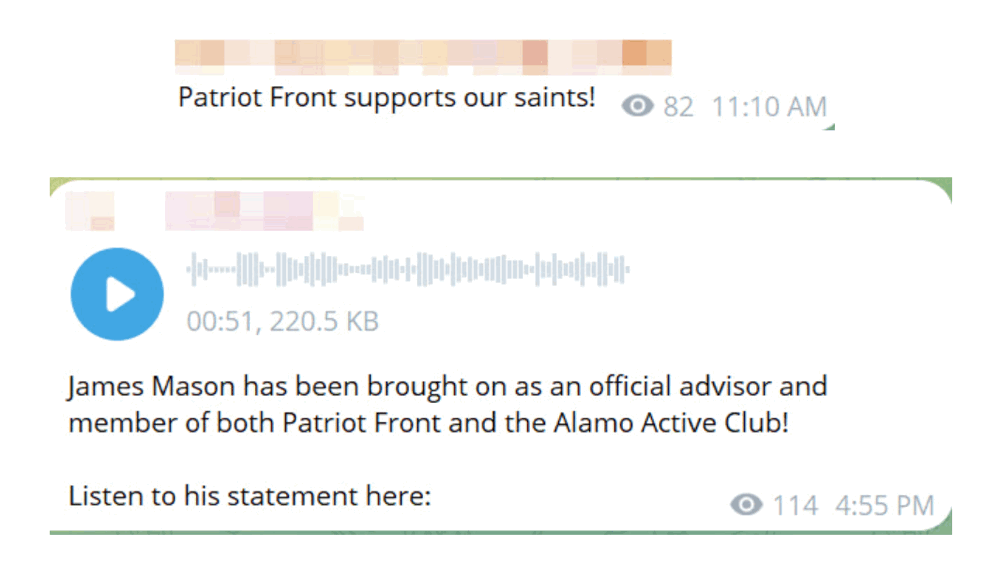 social media post: "Patriot Front supports our saints"