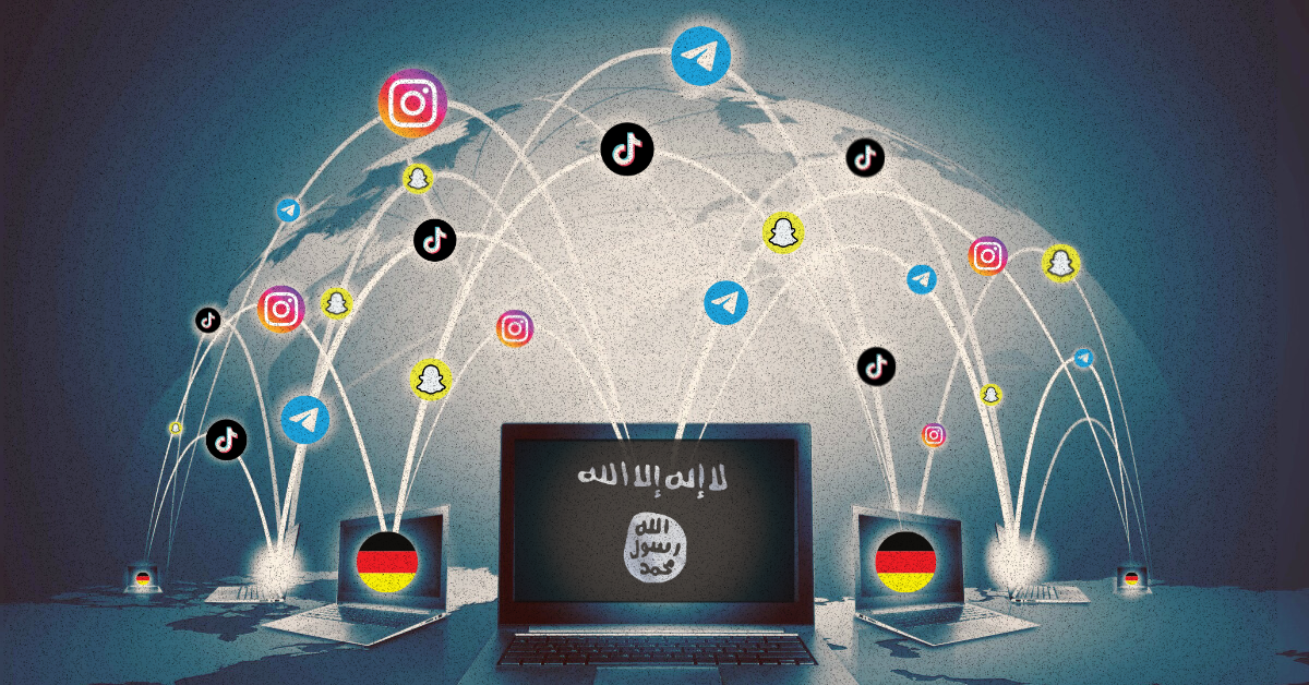 A laptop in the centre of a table with an image of an Islamist extremist organisation, surrounded by other laptops. Each has lines connecting it to the other laptops, with symbols on the lines depicting the logos of various social media platforms alongside multiple German flags.