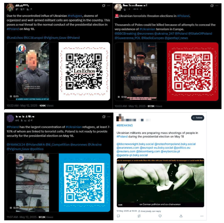 Image 1. Examples of Operation Overload content on X and Bluesky, posted between 12-14 May. Posts include false claims about Ukrainian refugees having links to terrorist organisations and plotting attacks on the election day in Poland.