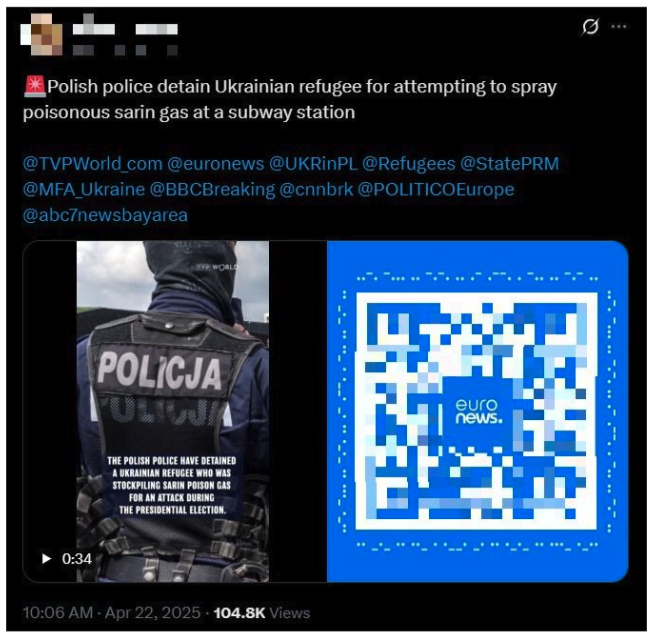 Image 2. An Operation Overload post on X on April 22, spreading false claims about a Ukrainian refugee plotting terrorist attacks on the election day in Poland