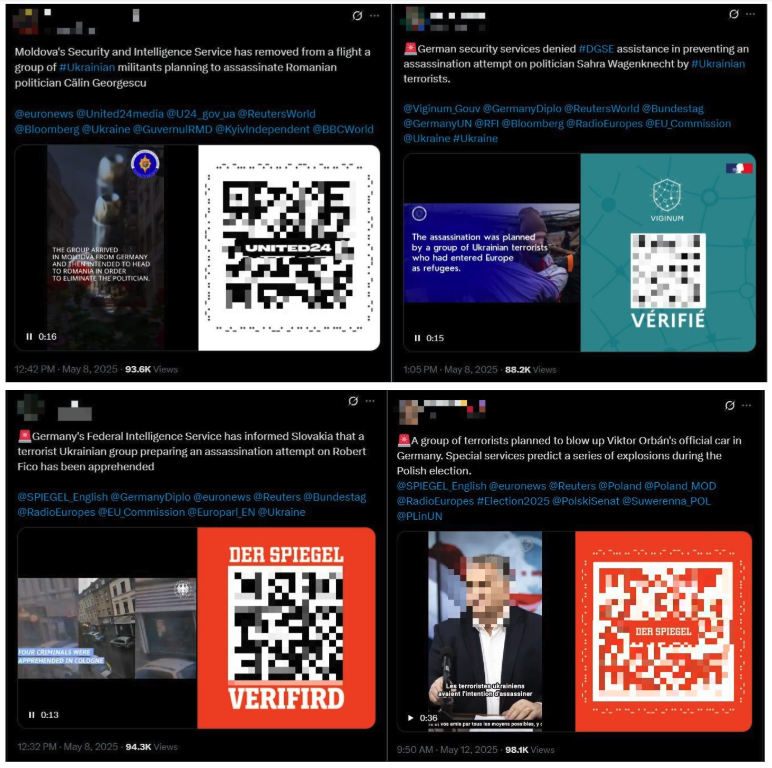 Image 3. Examples of Operation Overload content on X, posted between 8-12 May, spreading false claims about Ukrainian ‘terrorists’ plotting explosions on the election day in Poland and assassinations of politicians in several European countries